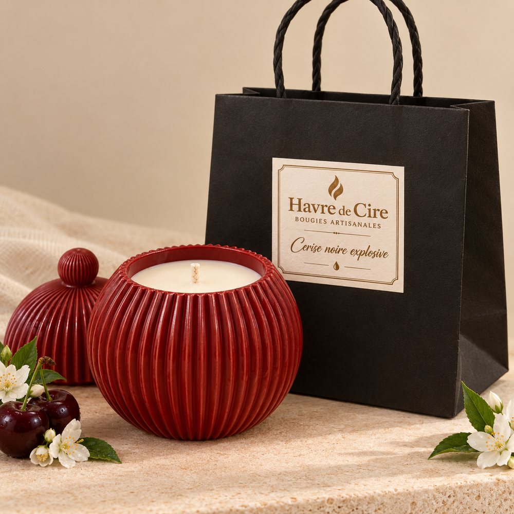 Bougie artisanale Havre de Cire parfum Cerise noire explosive en cire de soja, pot cannelé rouge, cerises et sac cadeau noir