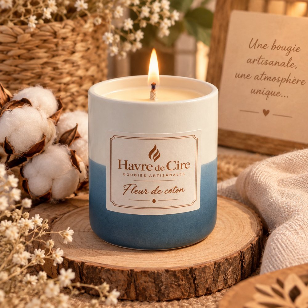 Bougie artisanale Havre de Cire parfum Fleur de coton en cire de soja, pot en céramique bicolore blanc et bleu, branches de coton