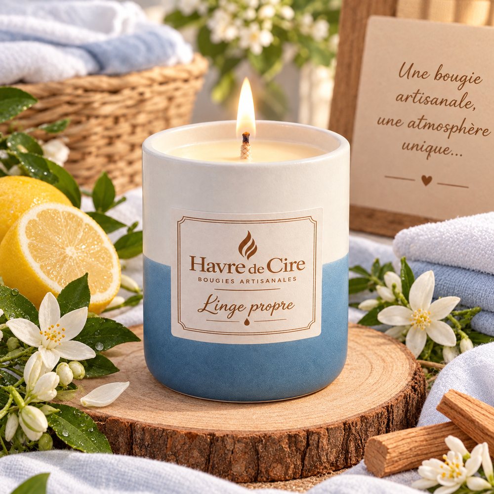 Bougie artisanale Havre de Cire parfum Linge propre en cire de soja, pot en céramique bicolore blanc et bleu, citron, fleurs d'oranger et linge blanc
