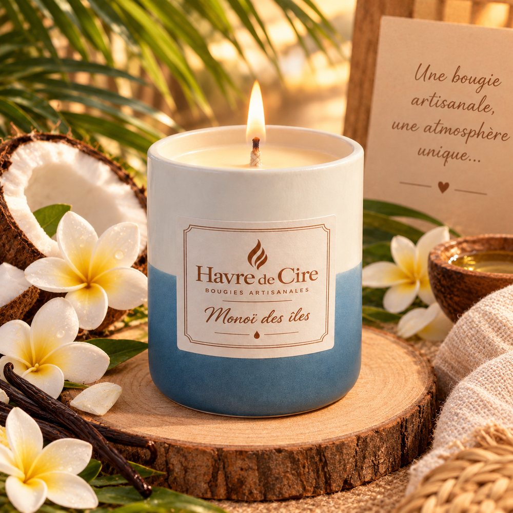 Bougie artisanale Havre de Cire parfum Monoï des îles en cire de soja, pot en céramique bicolore blanc et bleu, fleurs de frangipanier et noix de coco