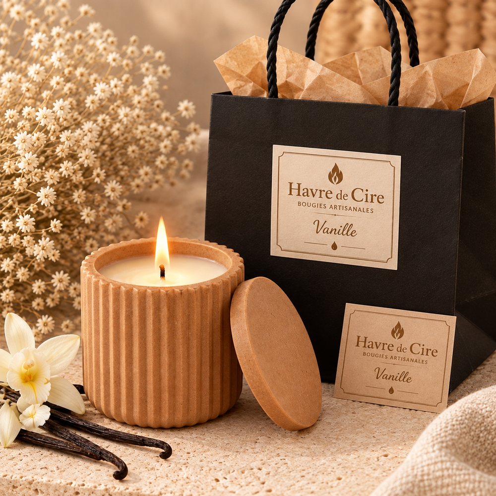 Bougie artisanale Havre de Cire parfum Vanille allumée dans un pot cannelé beige caramel, avec gousses de vanille et sac cadeau noir